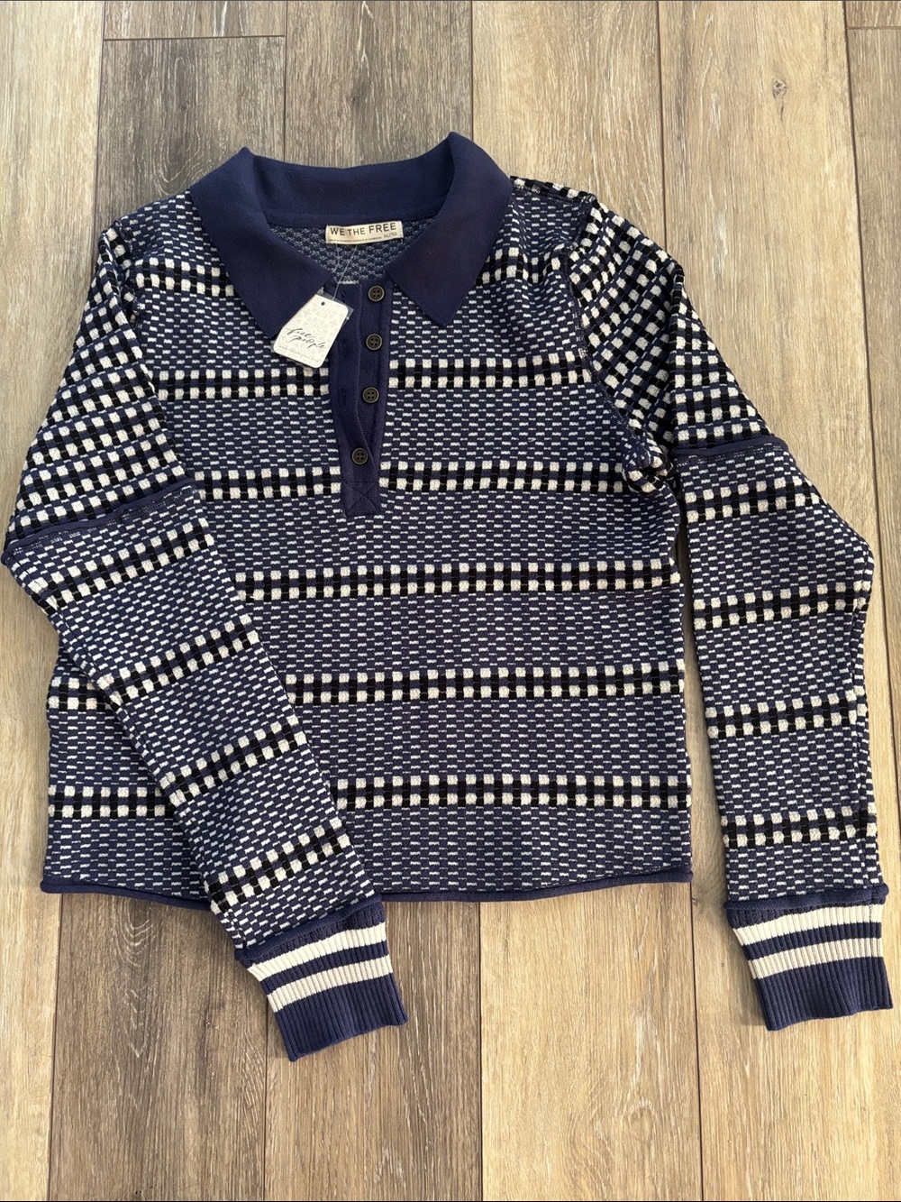 We The Free Navy and White Patterned Polo Knit Top